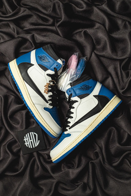 H12纯原 AJ1 Air Jordan 1 x Travis Scott x Fragment "Militay Blue" 倒钩 闪电 三方联名 GS 女鞋